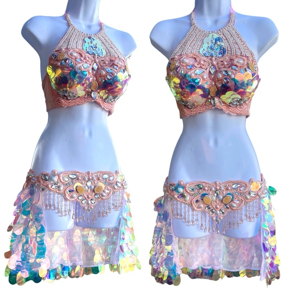 Peach Sequin Mermaid Bra and Skirt - Picture 1 of 7